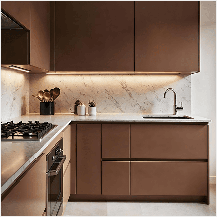Modern white kitchen with blue backsplash